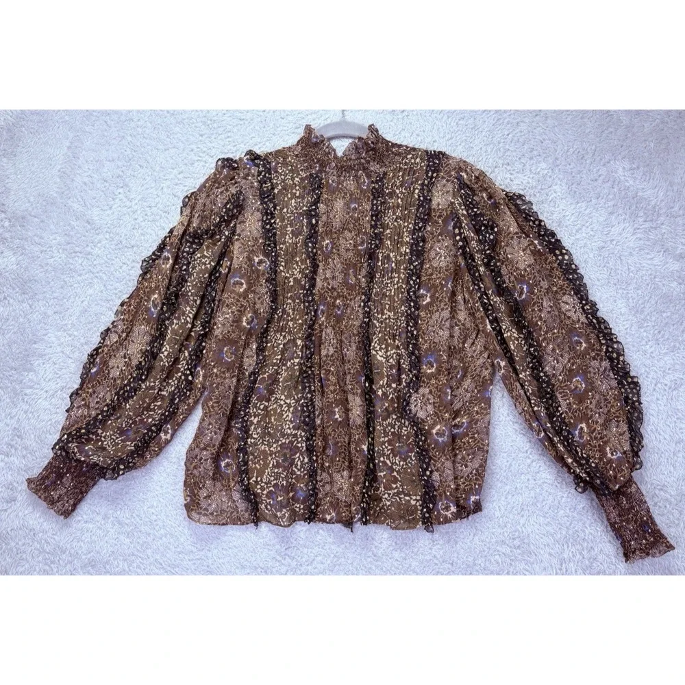 Ulla Johnson Womens 4 Silk Chiffon Blouse Metallic Floral Smocked Ruffle Boho